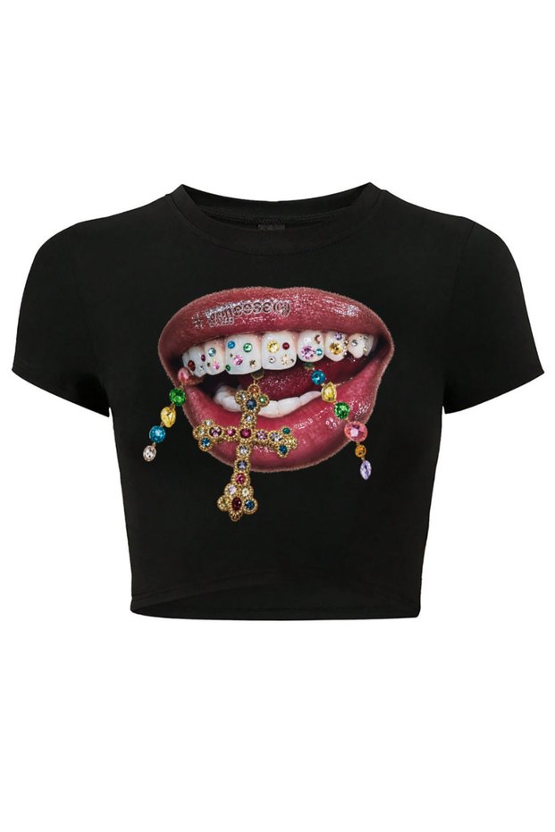 Women's Grillz Colorful Stone Lip Patterned Crop Black