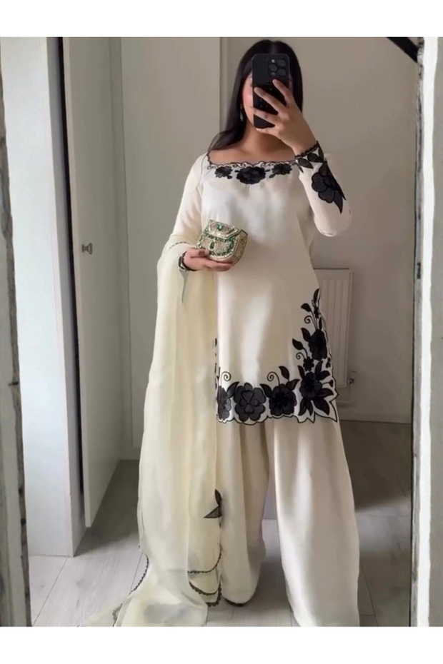 White Fendy Silk Embroidered Suit Set - HRT7665-Size:M-38-Inches