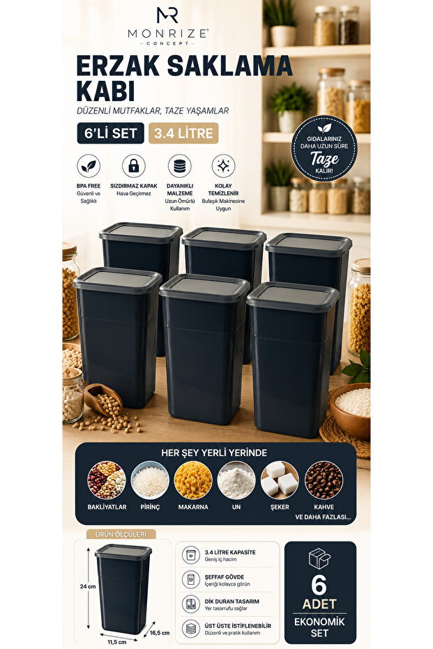 6-Piece Food Storage Container Set 3.4 Liters | Bpa Free Airtight Lid Legumes Rice Flour Pasta Coffee Storage Container Kitchen Organizer