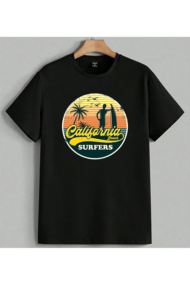 California Beach Surfer Logoy Printed Unisex Oversize T-Shirt Black