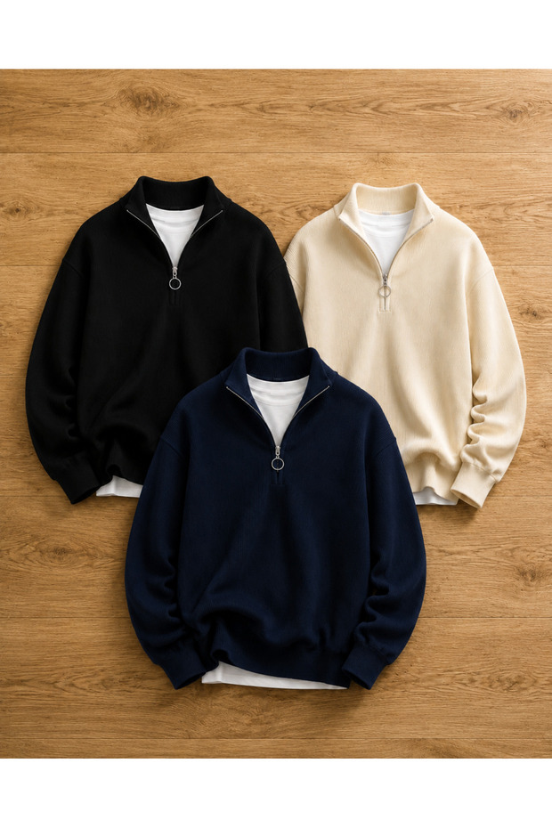Advantageous 3-Piece Set Premium Men's Casual Half-Zipper Winter Knitwear Thessaloniki Sweater