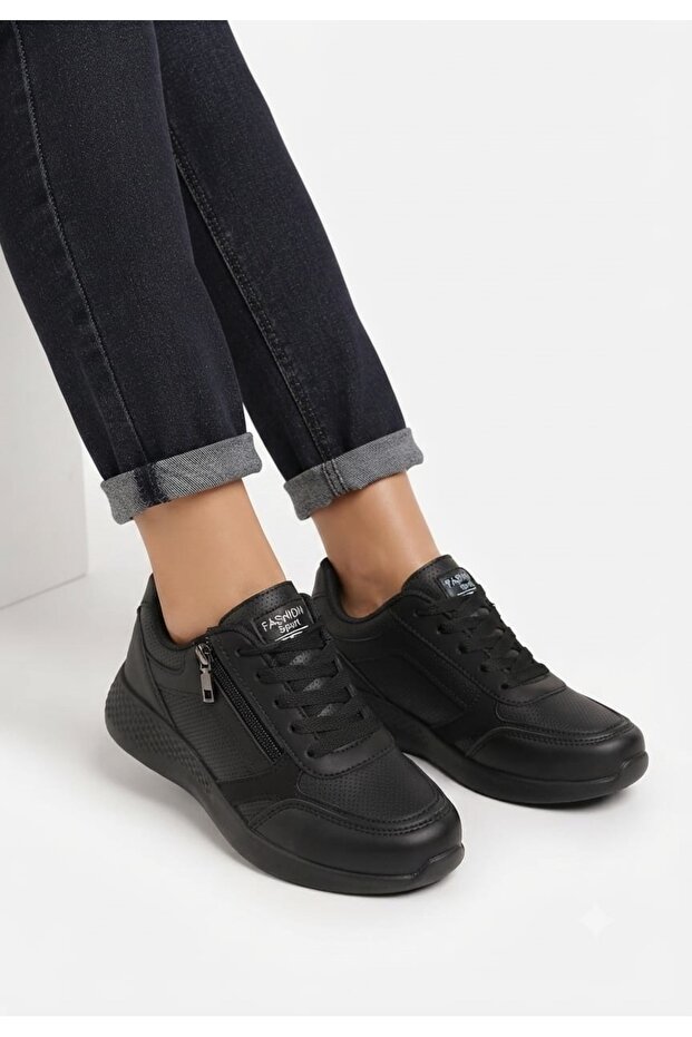 Women's Zippered and Laced Non-Yellowing Sole Sneaker Shoes-Black