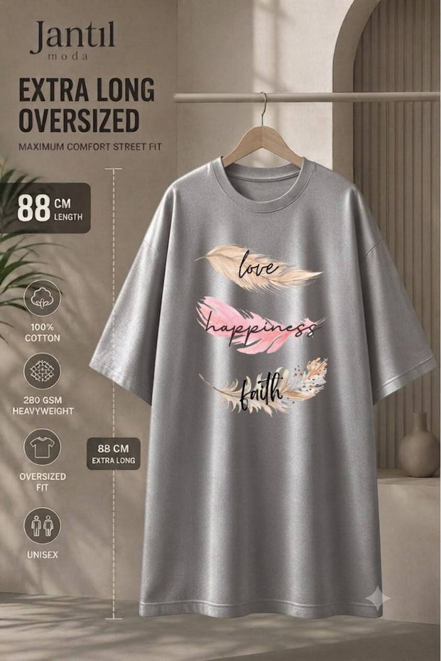 Crew Neck Feather Detailed Extra Long Oversize Tunic T-Shirt with Love, Happiness and Faith Written on It, Short Sleeves