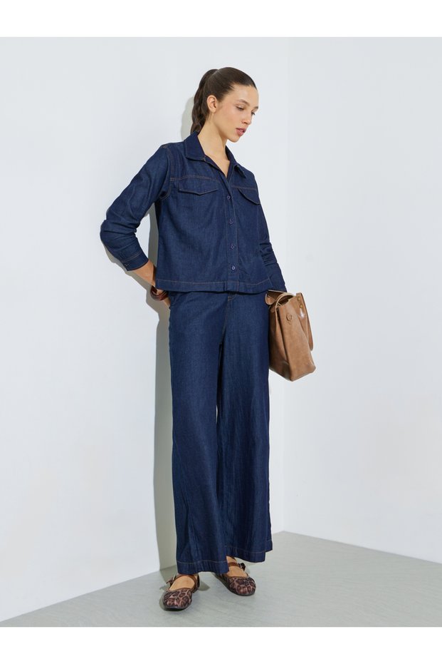 Blue Cotton Denim Shirt and Wide Leg Trousers Co-Ord Set