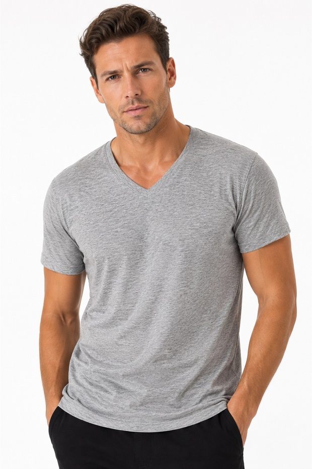 6 Pieces, Men's Undershirts & T-Shirts, 100% Cotton, V-Neck, Gray