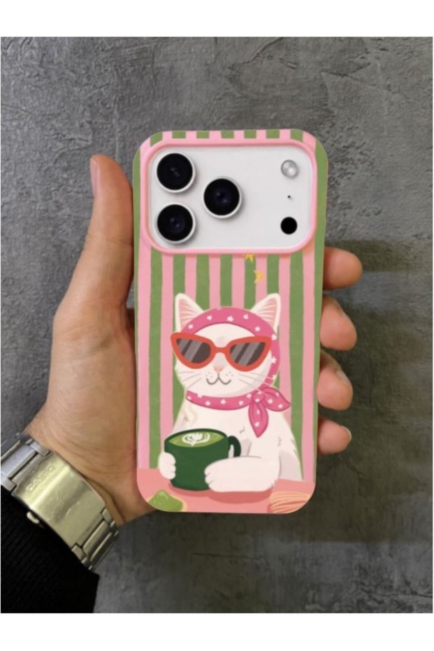 Pink Case with Cat Drinking Coffee Pattern, Compatible with iPhone 17 Pro Max