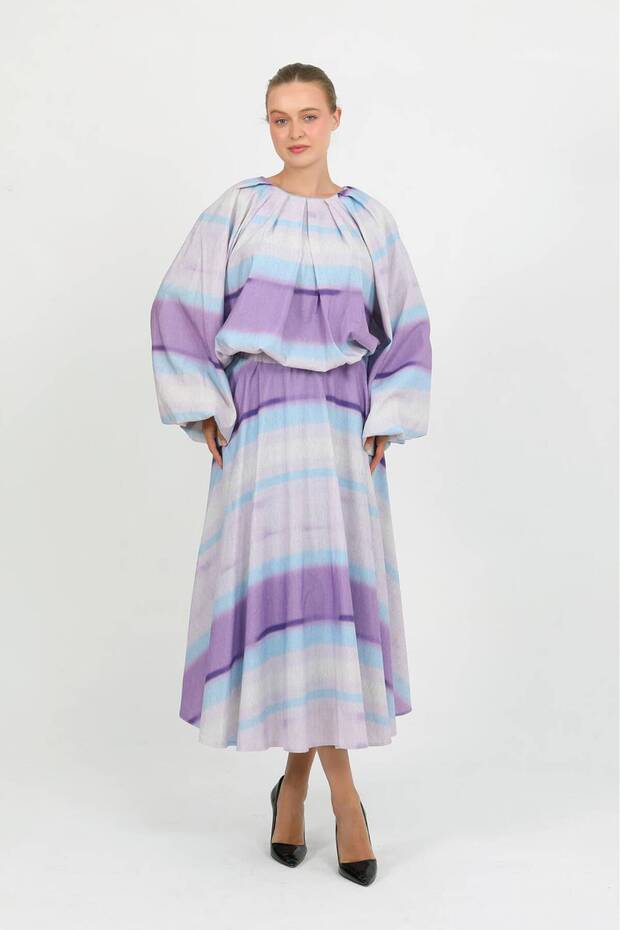 Purple Aurora Gradient Patterned Balloon Sleeve Blouse and Flared Long Skirt Two-Piece Set Tns-9005