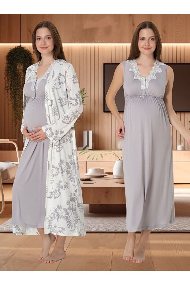 Dvina Maternity Patterned Dressing Gown and Strap Nightgown - Set of 2 - Gray