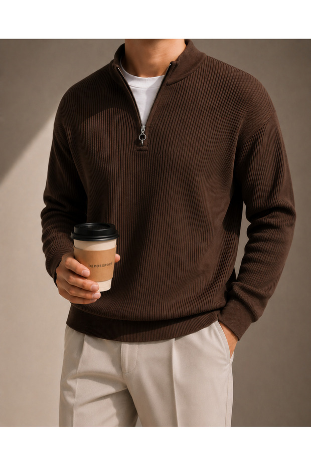 Men's Thessaloniki Knitted Half-Zip Sweater with Stand Collar for Winter
