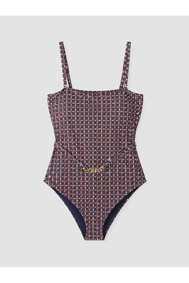 Alita City Square Neckline Chain Belted Patterned Women's Swimsuit