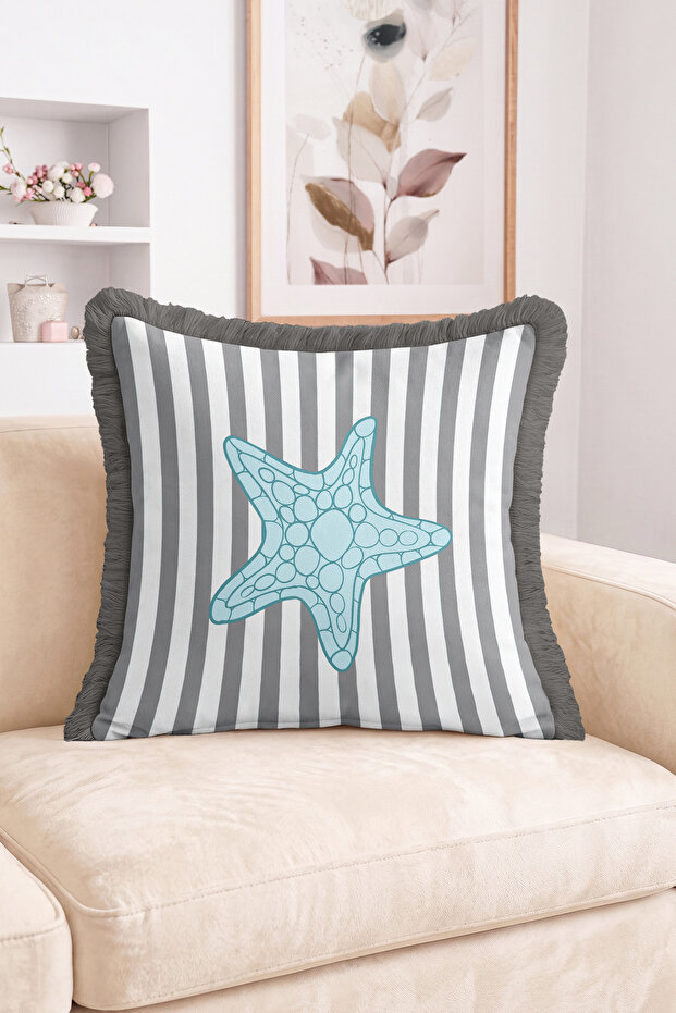 Modern Design Fringed Throw Pillow Cover with Sea Star Figure and Stripes - Decorative Pillow Cover