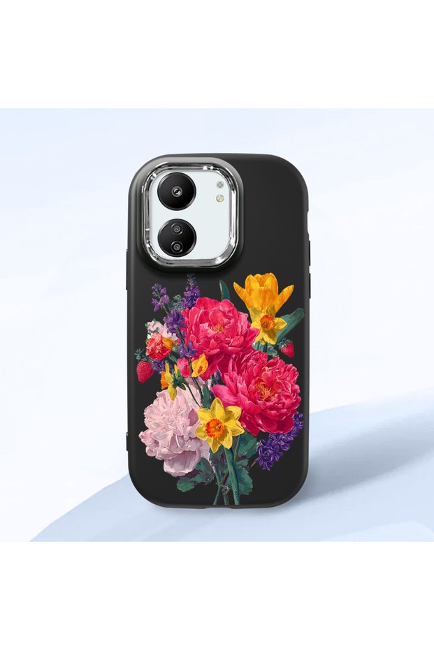 Redmi 13C Compatible Case Camera Protector Black Silicone Couple Phone Case with Floral Pattern