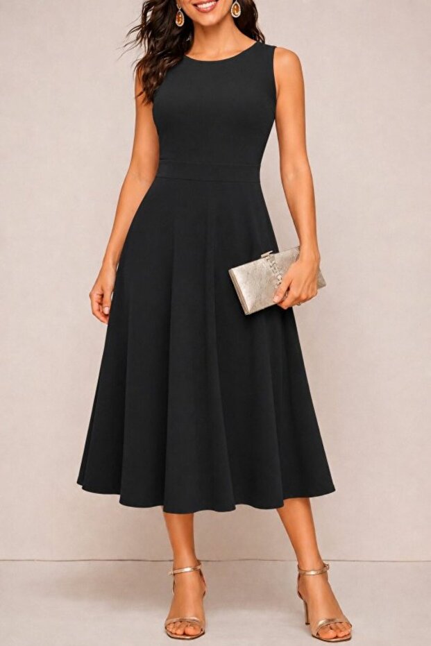 Women's Strappy Round Neck Midi Janjan Crepe Dress