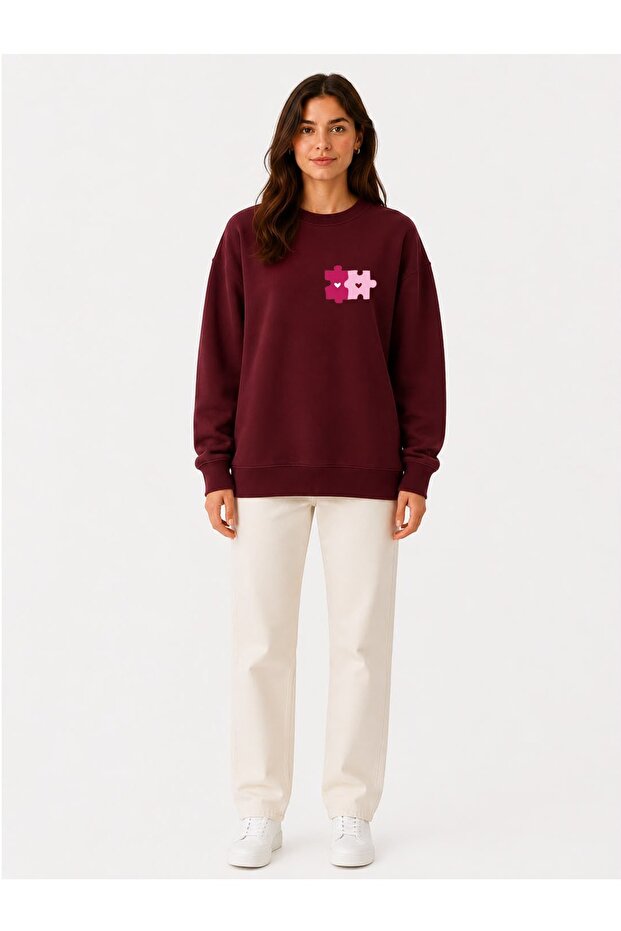 Colorful Puzzle Print Detailed Embroidered 2 Thread Crew Neck Sweatshirt