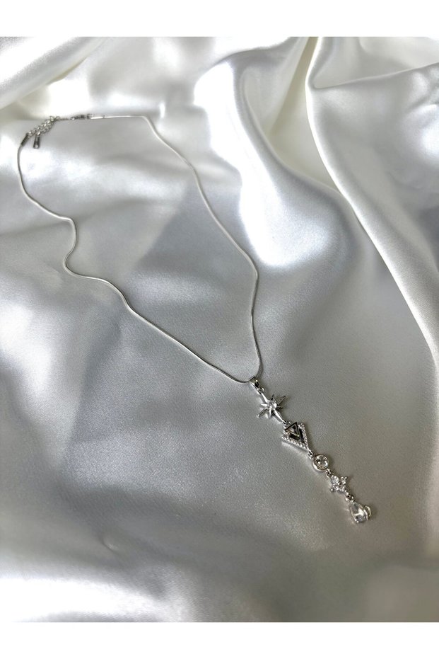 Women's Silver Color Stone Star Detailed Dangle Steel Necklace