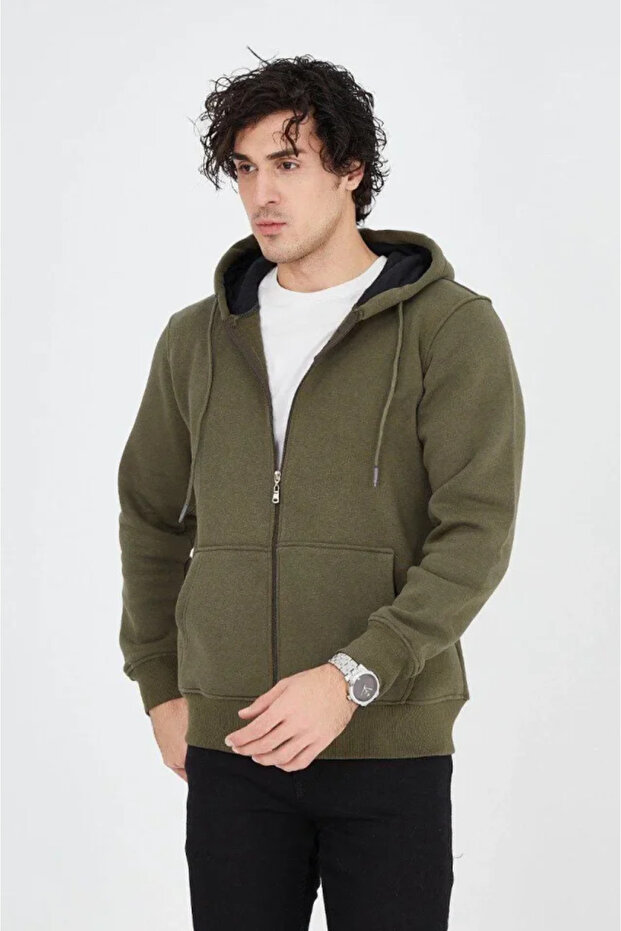 Men's hooded straight zip cardigan - green