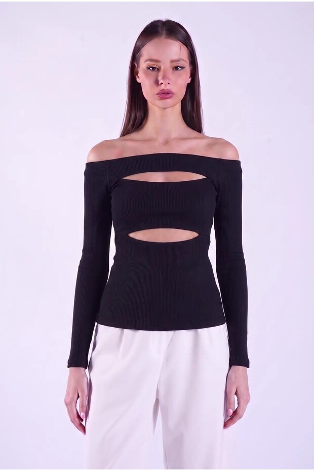Women's Black Low-Cut Long Sleeve Ribbed Blouse Hzl24W-Fry000