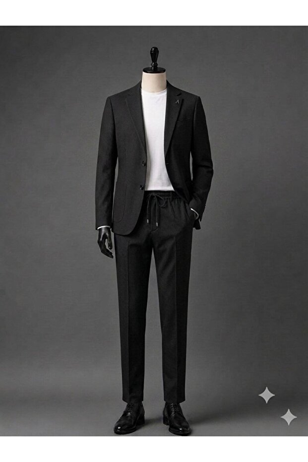 Men's Brown Black Cream Navy Blue Checkered Sports Suit - Jacket and Jogger Pants Combination with Cuffed Legs 2 Pieces
