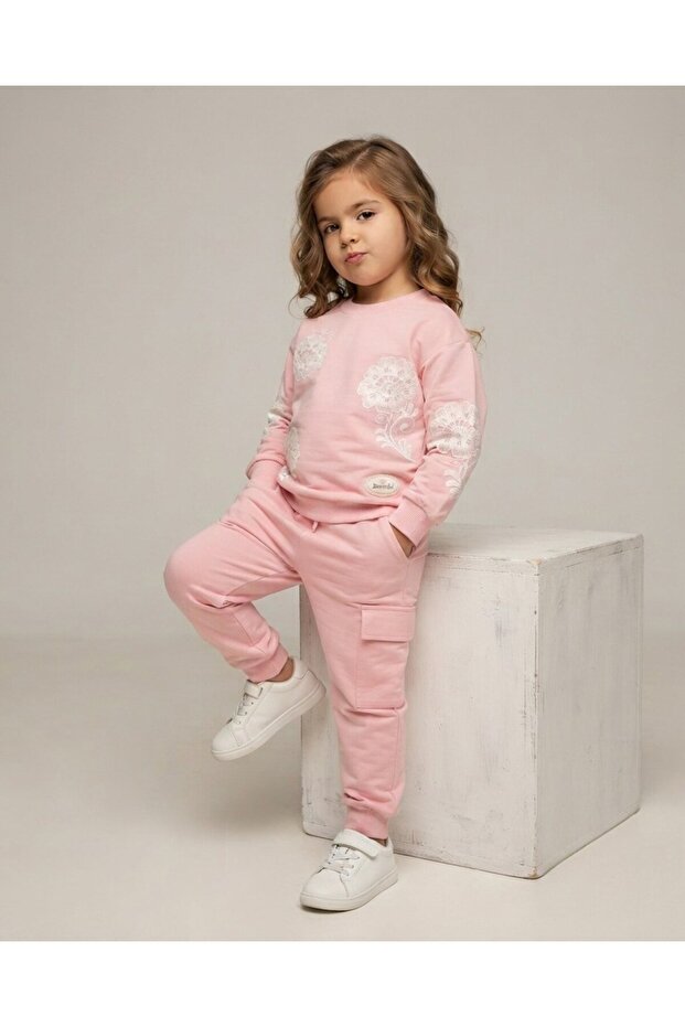 Girl's Floral Printed Seasonal Compact 2-Strand Tracksuit Set for Ages 2-3-4-5-6