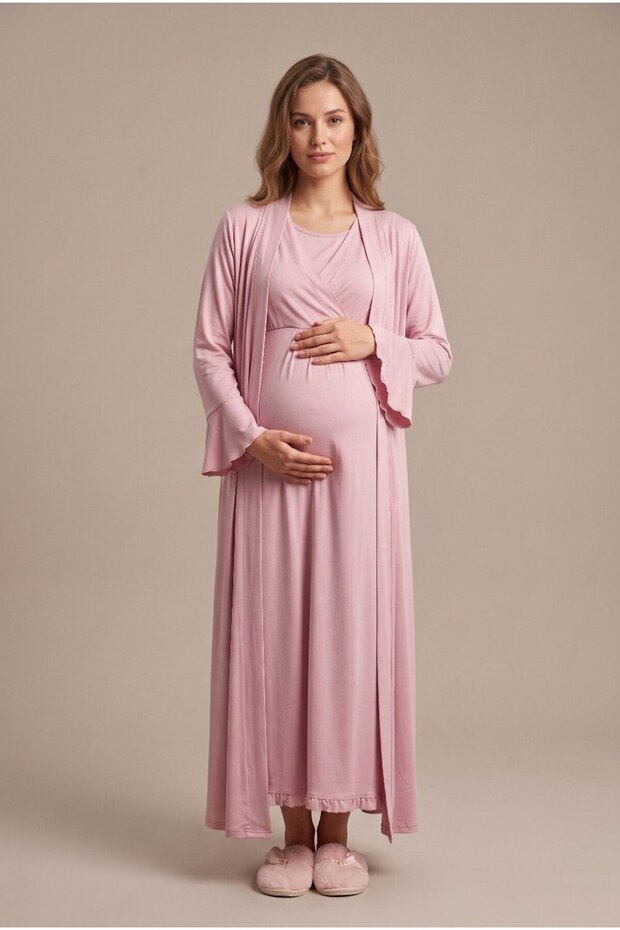 Women's Powder Double-Breasted Collar Maternity Nightgown Set with Nursing Detail and Dressing Gown
