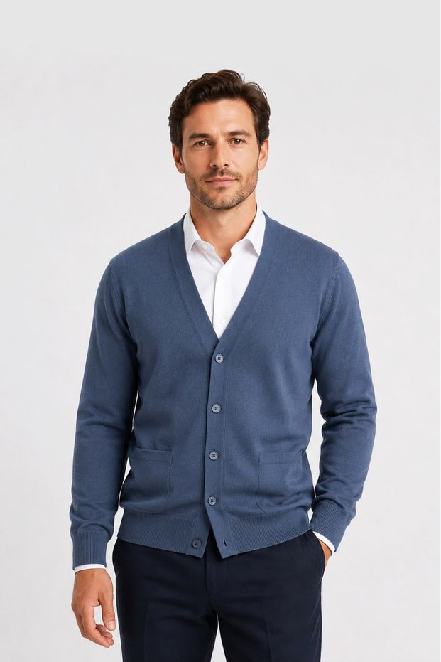 Stylish and Practical V-Neck Men's Knitwear Cardigan Sweater with Front Button Pockets
