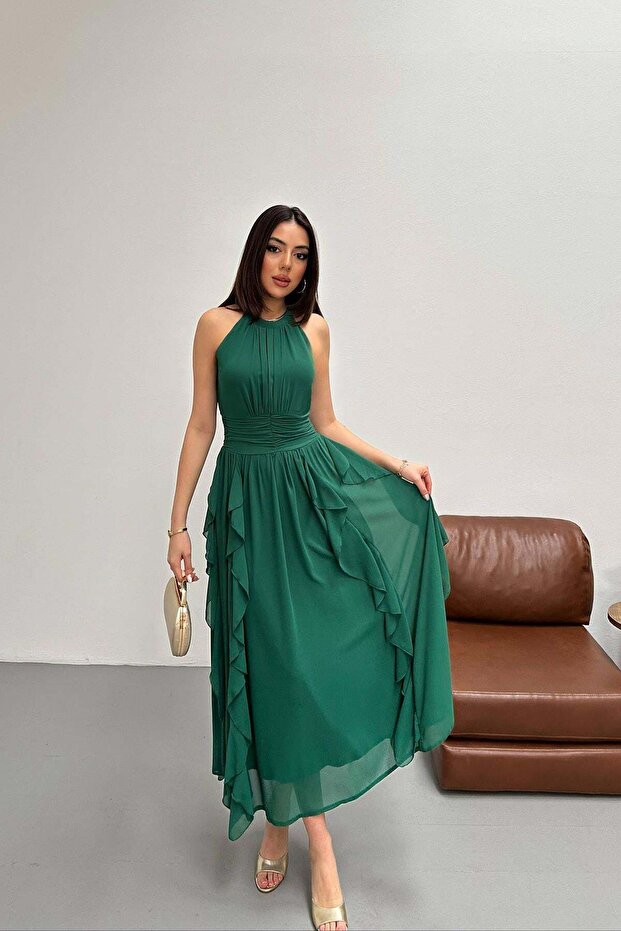 Women's Emerald Maxi Dress Halter Neck Gathered Ruffle Detailed Lined