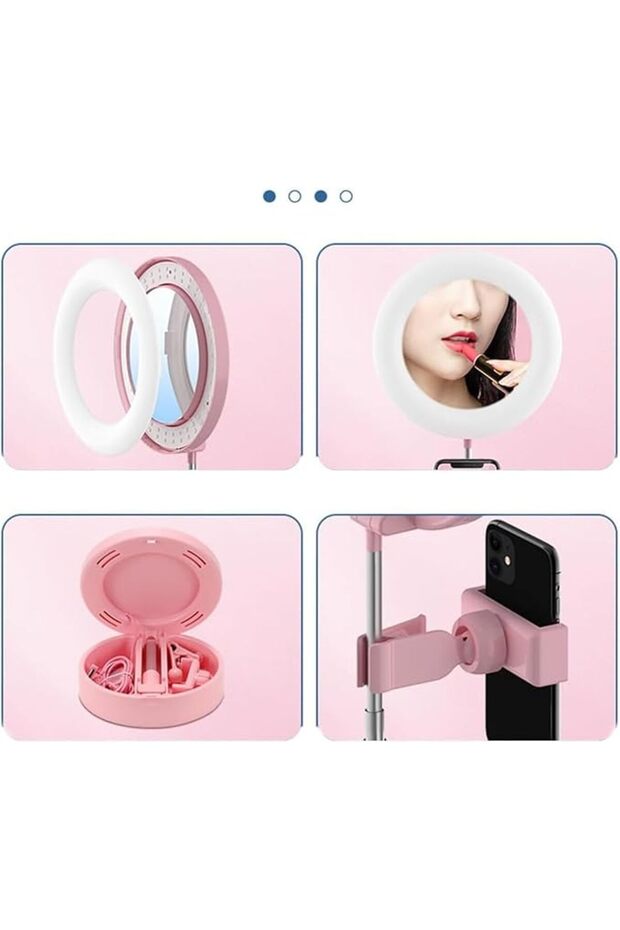 مصباح دائري LED محمول قابل للطي مع مرآة للمكياج وحامل للهاتف