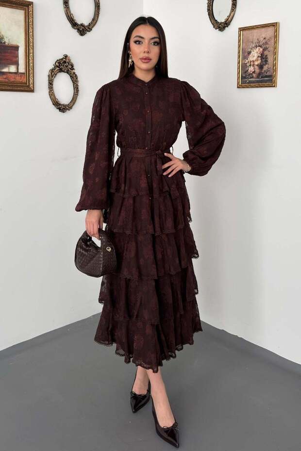 Women's Brown Long Dress with High Collar, Buttoned Belt, Flounces and Floral Texture