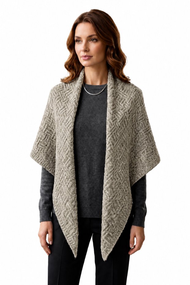 Women's Knitwear Poncho - Knitwear Shoulder Shawl with Glitter Detail