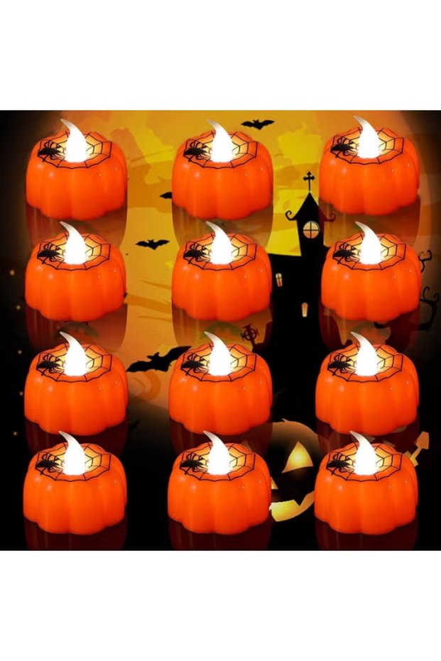 (eb14-Spider Web)Halloween Pumpkin Candles Lights,12 Pack Tea Light Candles,Battery Operated Flameless Candles Pumpkin LED Tealight Candles Flickering Electric Candle for Halloween Decor Party