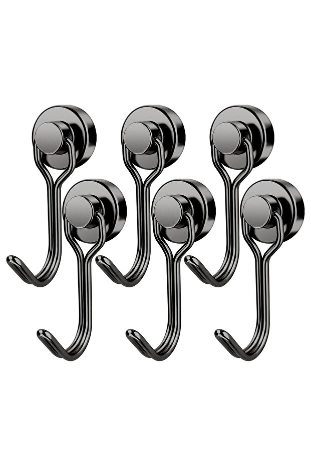 Magnetic Hooks, 30 lbs, Heavy Duty Black Neodymium Rotating Magnet Hooks for Refrigerators, Grills, and Lockers - 6 Packs