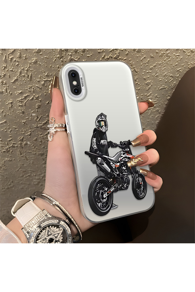 iPhone XS Max Compatible Motorcycle Rider Drawing with Helmet Printed Men's Style Phone Protective Case