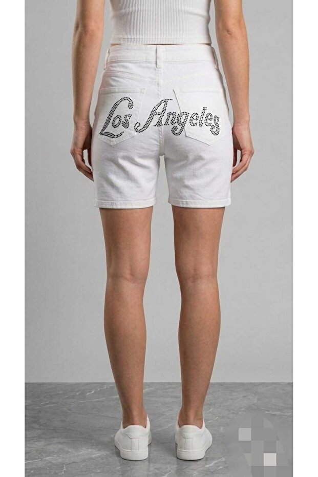Los Angeles White Stone Detailed Denim Shorts
