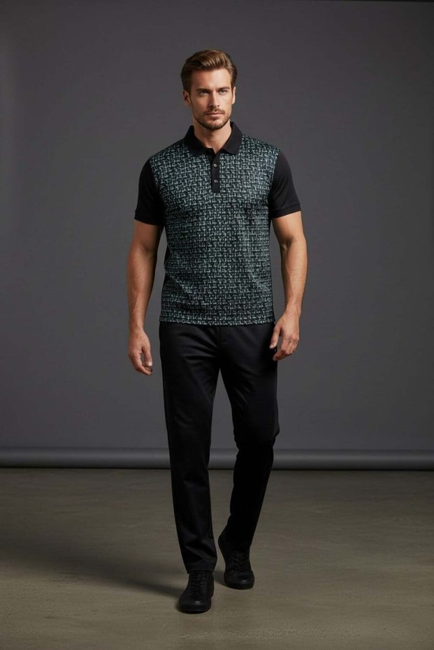 Men's Navy Blue Two-Piece Tracksuit Set - Jacquard Fabric T-Shirt and Parachute Sweatpants - 112