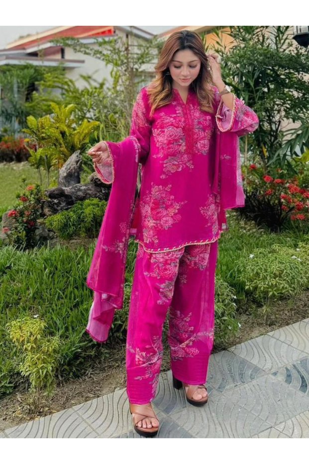Pink Faux Georgette Printed Farshi Pant Set with Dupatta - HRT7509 | Pink-Size:2XL-44-Inches