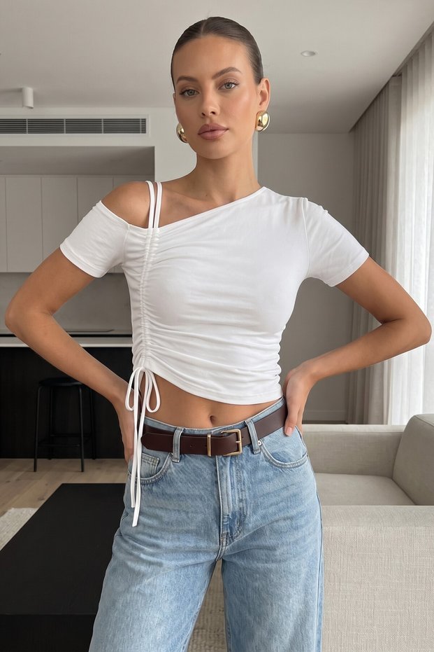 Women's Asymmetric Collar with Ruffle Detail, Lycra Flexible Fabric, Drawn-Up Bluz