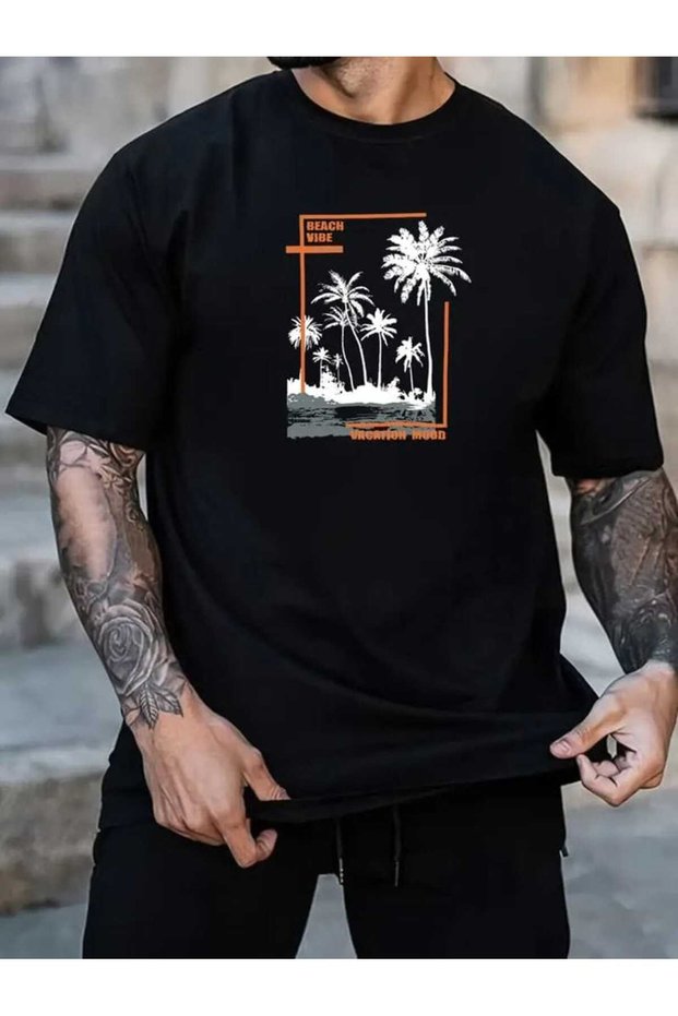 Unisex Black Oversize Minimal Printed Crew Neck T-Shirt