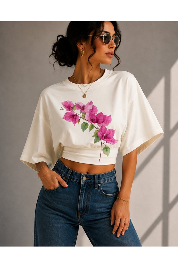 Women's Pink Floral Printed Lycra Bat Sleeve Body Tee Crop T-Shirt
