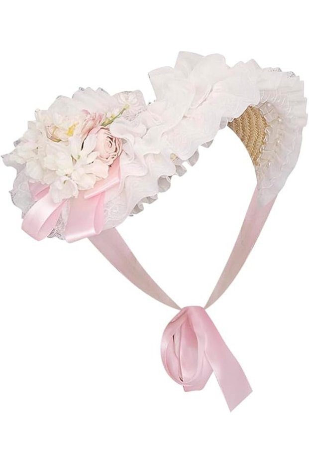 Girl, Woman, Victorian Lolita Flat Hat, Tea Party Sun Hat, Lace Bow, Flower Ribbon Straw Hat