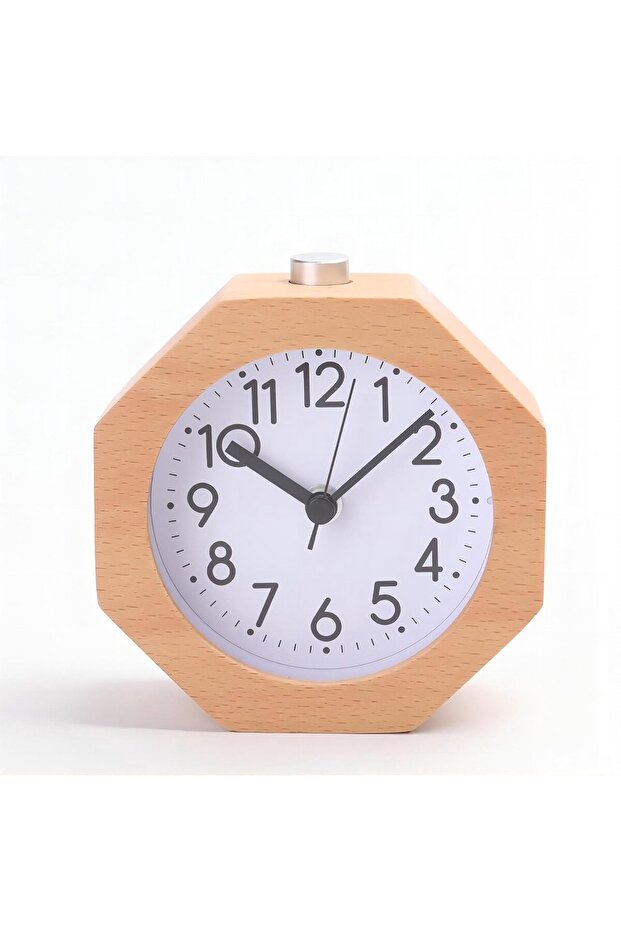 Solid wood pointer small alarm clock, silent watch - octagonal yellow