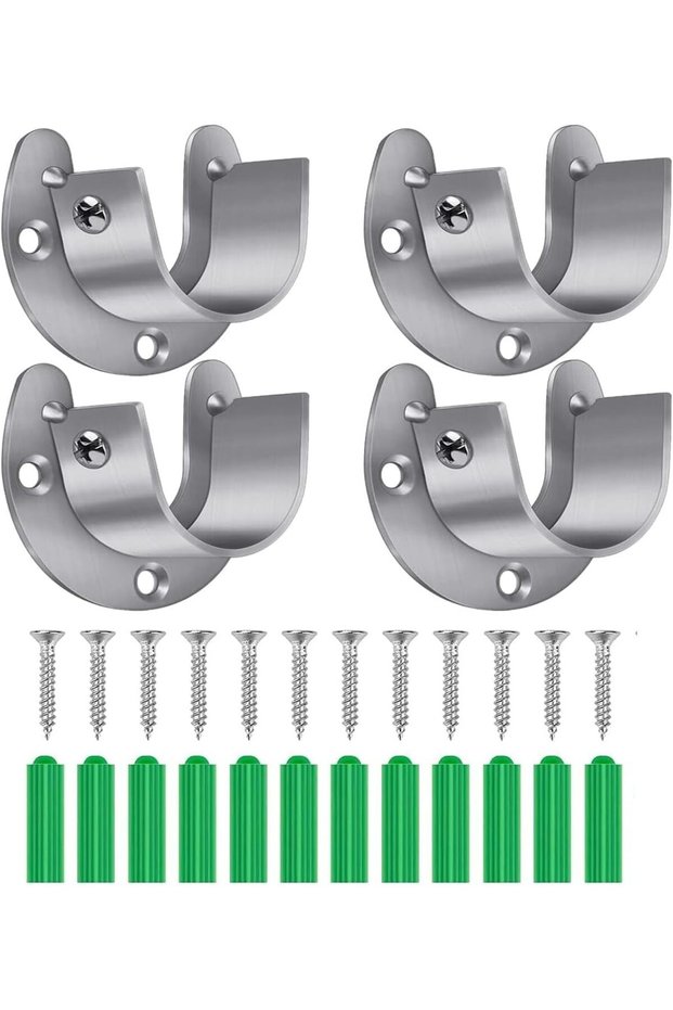 4-piece set U-shaped stainless steel 1-1/4 inch wardrobe rod brackets with end supports and 12 screws