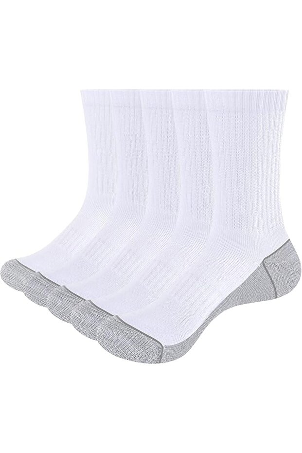 Men's work socks, 5-pack, thickened and reinforced for durability, breathable, mid-calf, athletic, moisture-wicking casual socks, white.