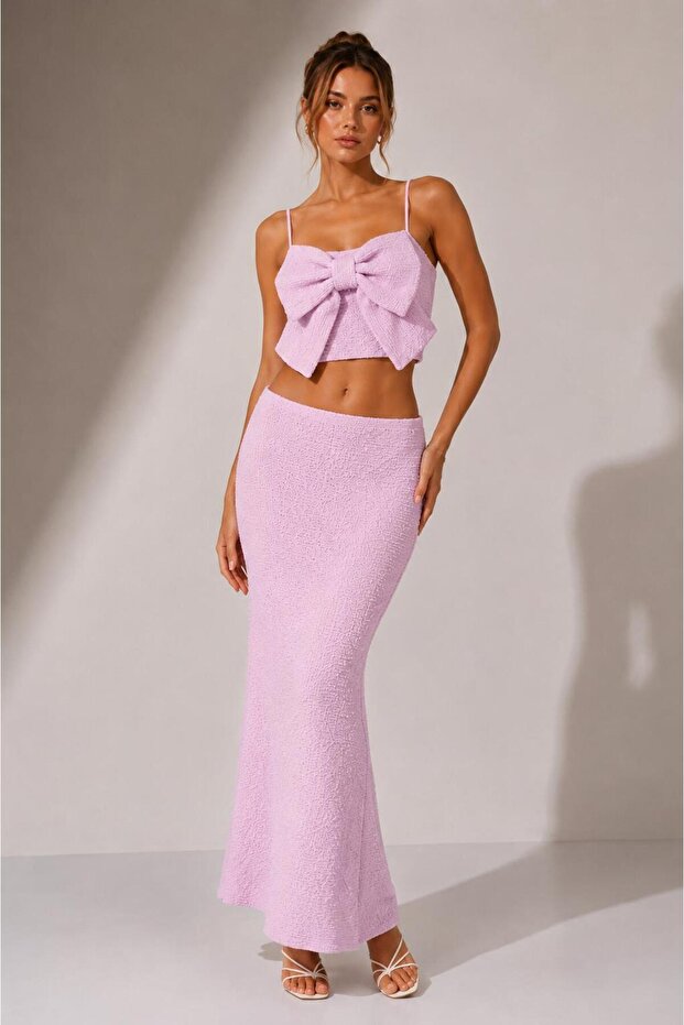 Textured Knitwear Set with Bow Detail