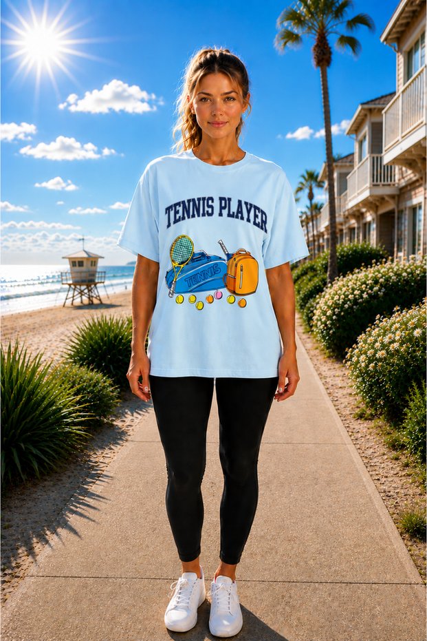Unisex Oversize Tennis Printed T-Shirt 100% Cotton Tennis Themed Comfortable Fit Short Sleeve T-Shirt