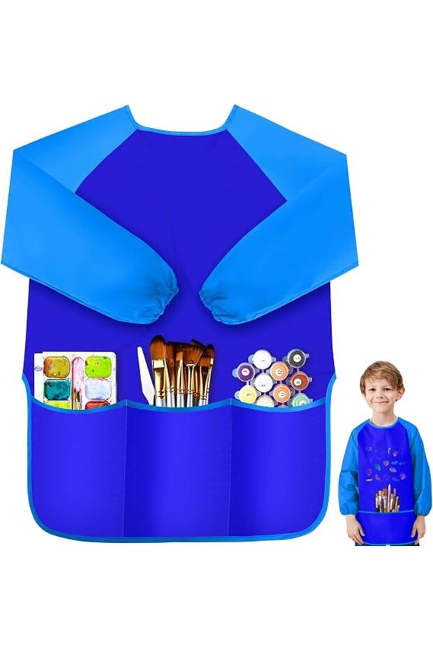 Children's art smock, waterproof Long - sleeve art apron, for children aged 3 - 5, toddler smock for painting artists, for art supplies - blue