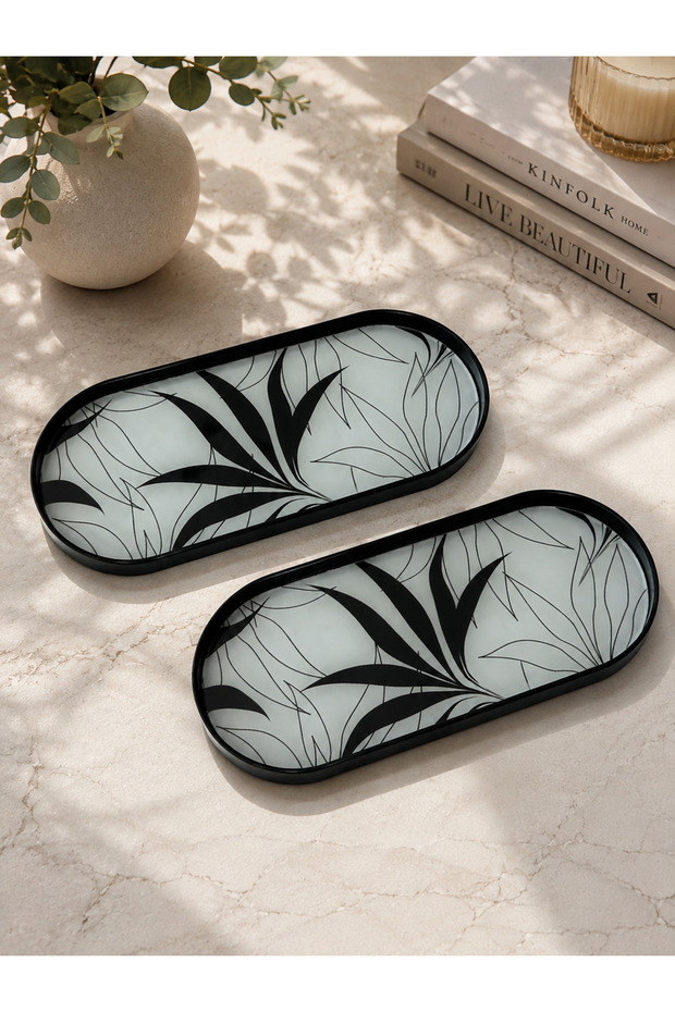 Floral Pattern Black and White Glass Presentation Tray Decorative Coffee and Catering Tray - Tray Black 2 Pieces 12X30 cm