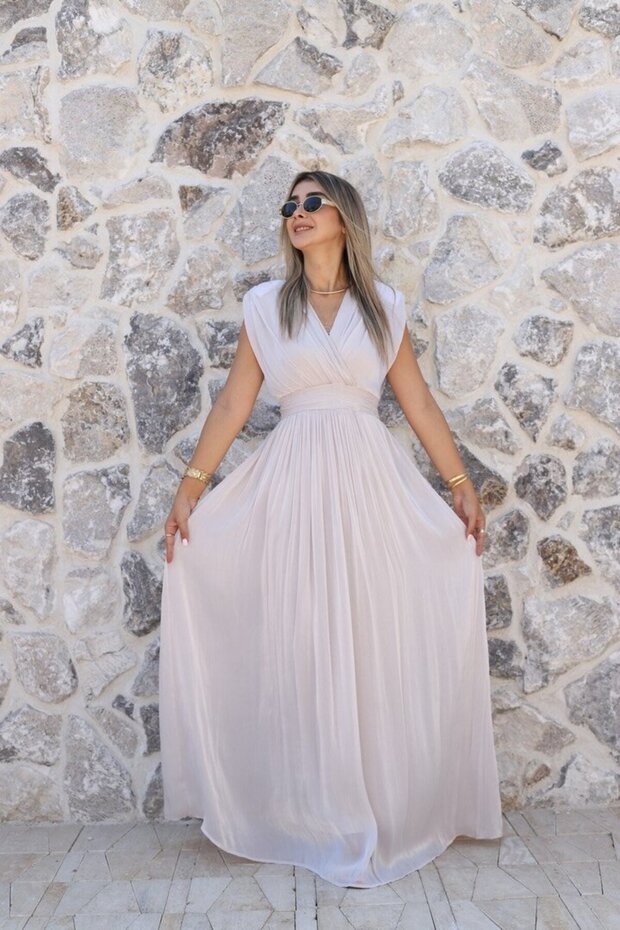 Stone Double Breasted Collar Pleated Evening Dress