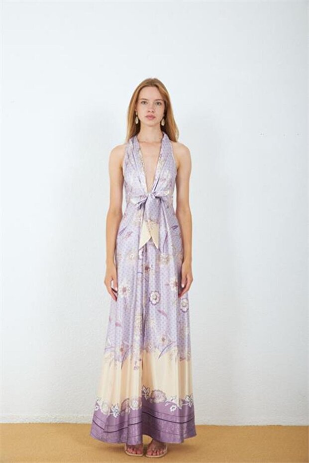 Women Purple Satin Fabric Slit Floral Pattern Tie up Maxi Dress Nbmy4109