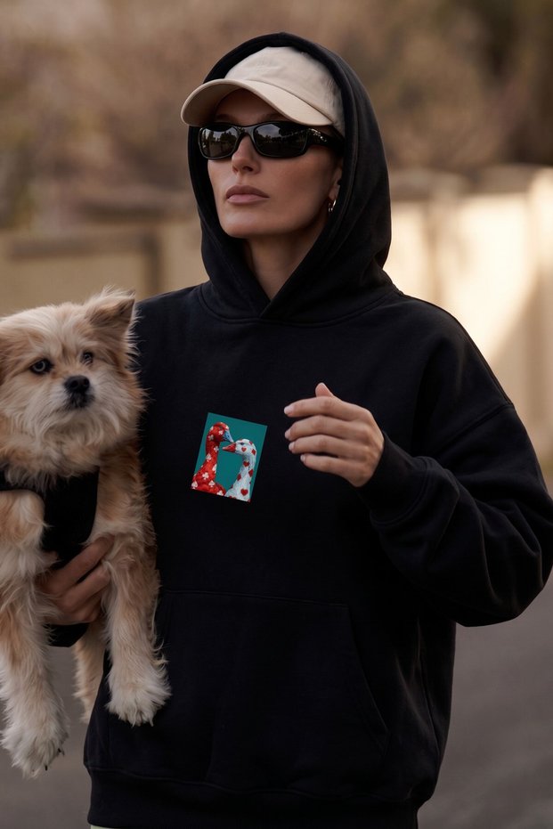 Women's Oversize Sweatshirt Hoodie Birds Atelier Printed Black – Hooded, 3 Strands, Kangaroo Pocket