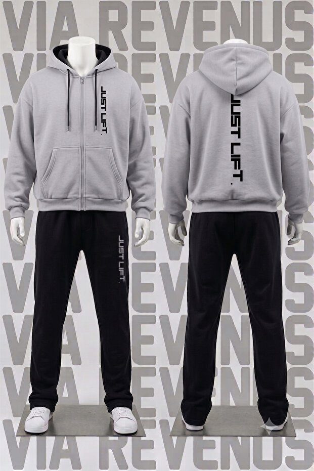 Just Lift Printed Zippered Hooded Sweatshirt Set - Relaxed Fit 3-Thread Zippered Sweatshirt and Sweatpants Set